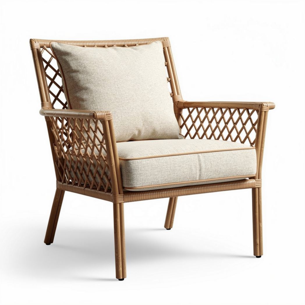 Rattan accent chair with removable beige cushion for living room use