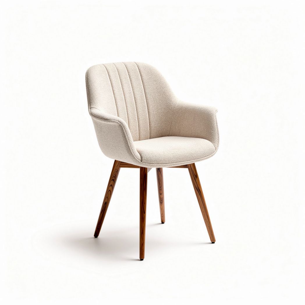 Upholstered accent chair with wooden legs in cream color measuring 45 x 55 x 85cm
