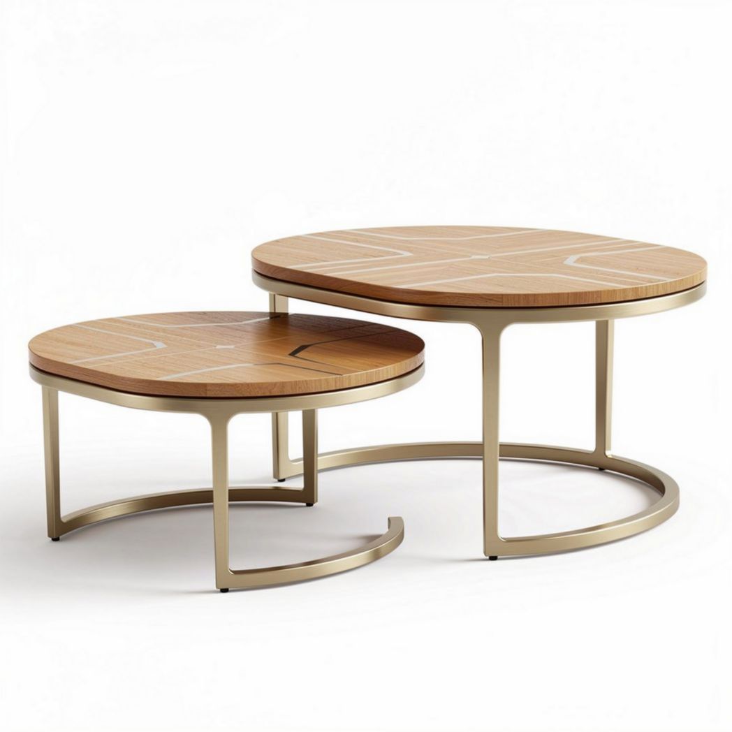 Wooden coffee table set with metal frame in round shape 70 x 70 x 40cm