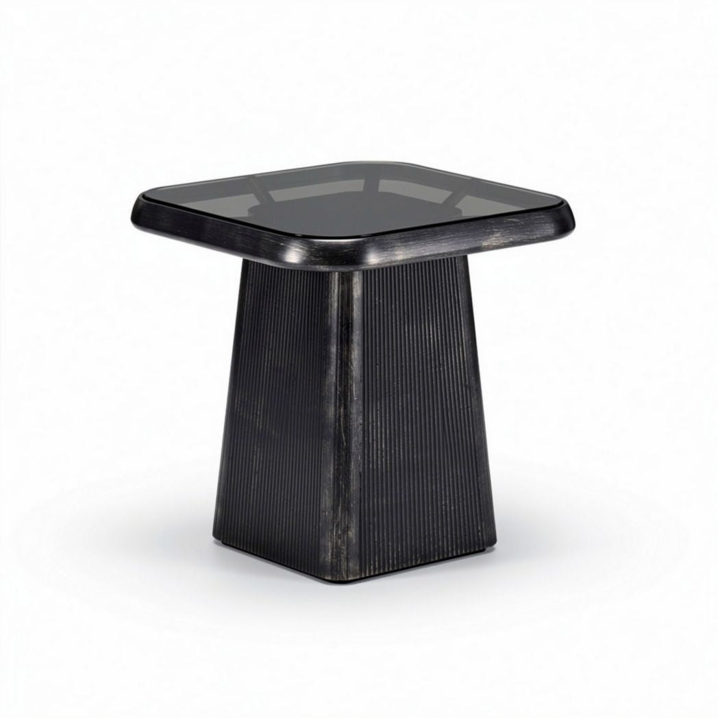 Glass top square side table with textured metal base 60 x 60 x 45cm