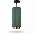 Fabric pendant light fixture in green with copper accents 20 x 20 x 40cm