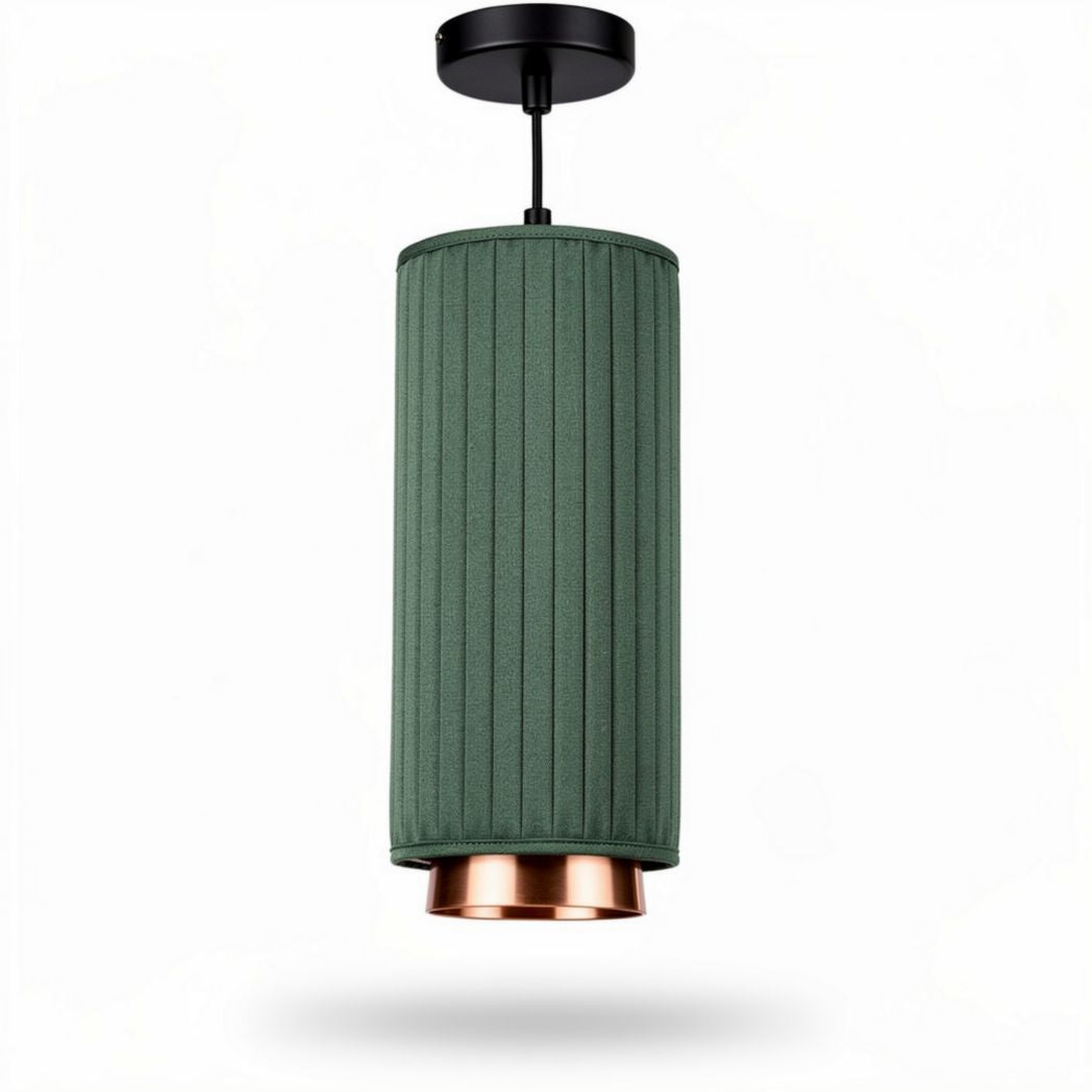 Fabric pendant light fixture in green with copper accents 20 x 20 x 40cm