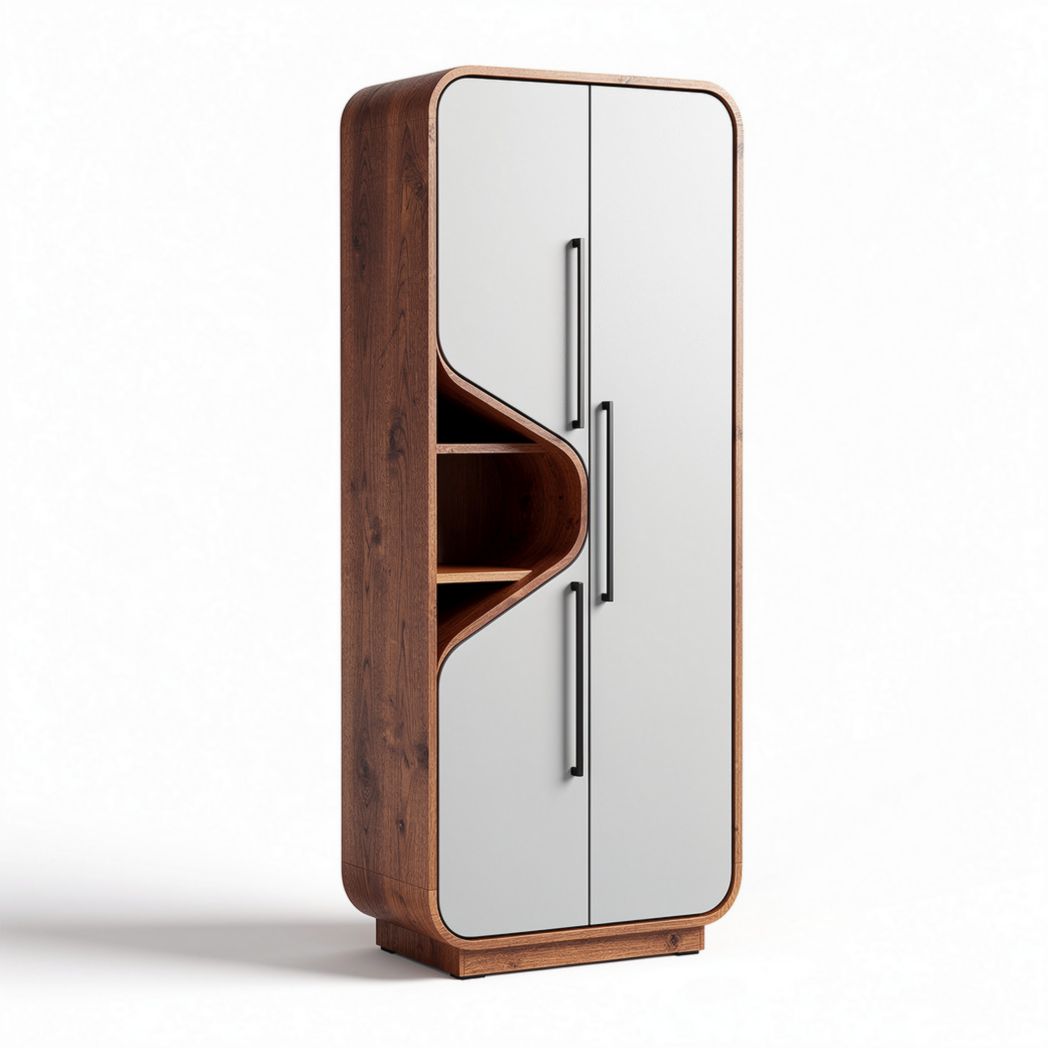 Wooden storage cabinet with mirrored doors and open shelving 180 x 80 x 40cm