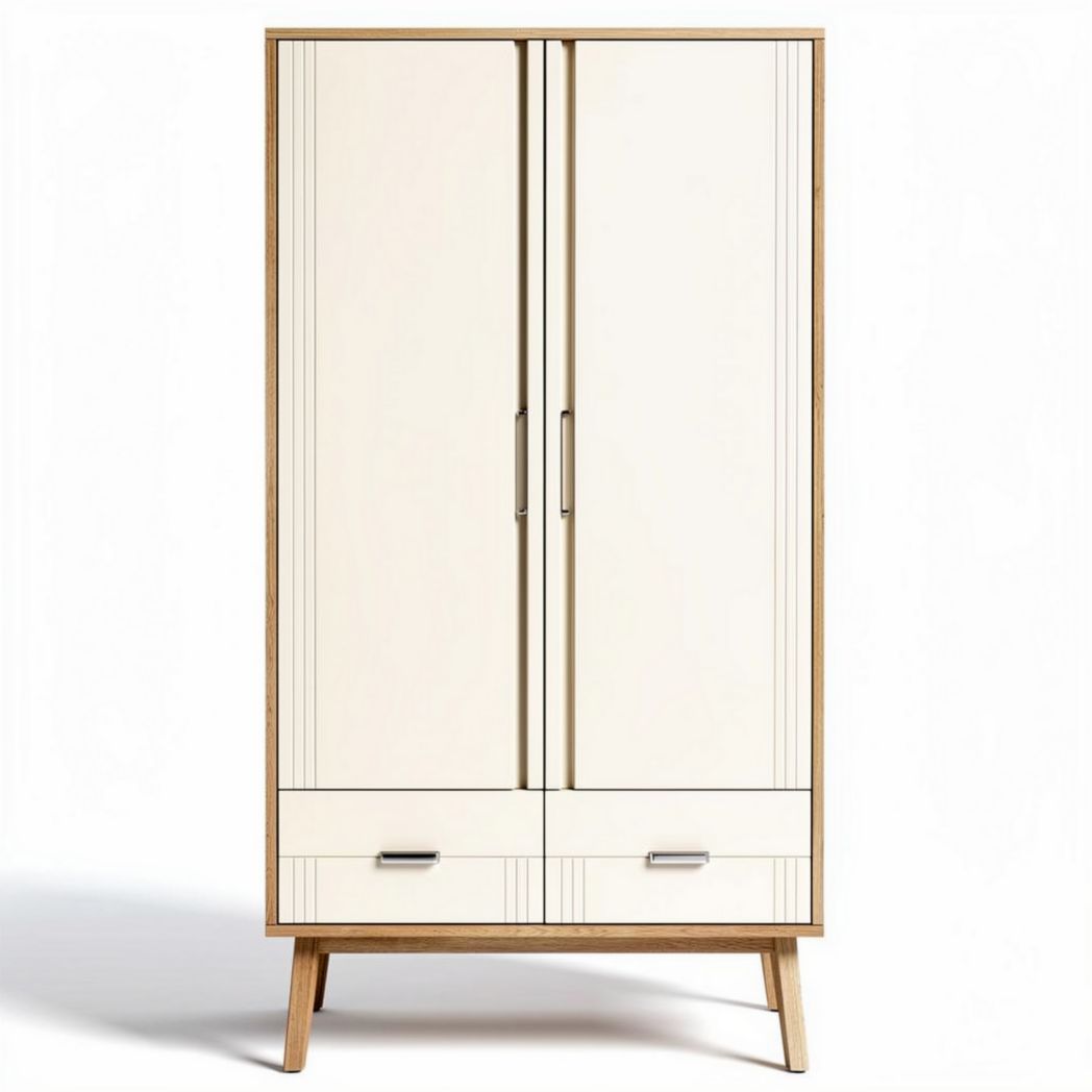Two-door wardrobe with wooden legs in cream finish 80 x 40 x 180cm
