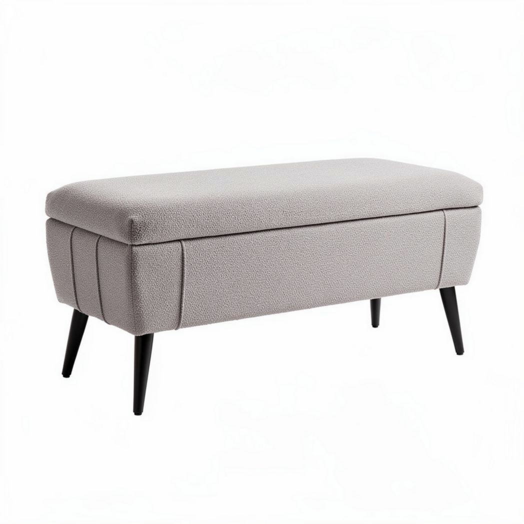 Fabric storage bench with cushioned top and tapered wooden legs 100 x 40 x 45cm in gray