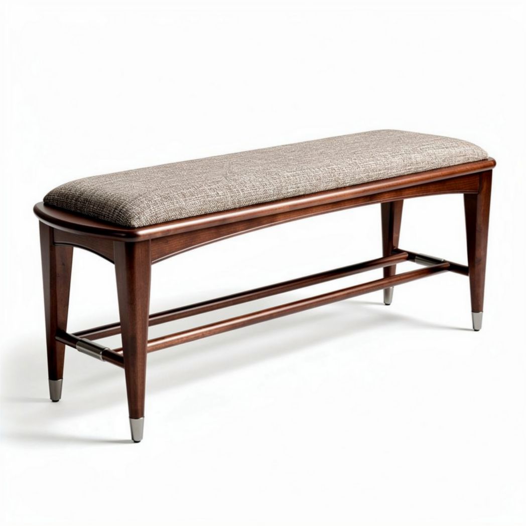 Wooden bench with upholstered seat in brown and beige fabric 120 x 40 x 45cm